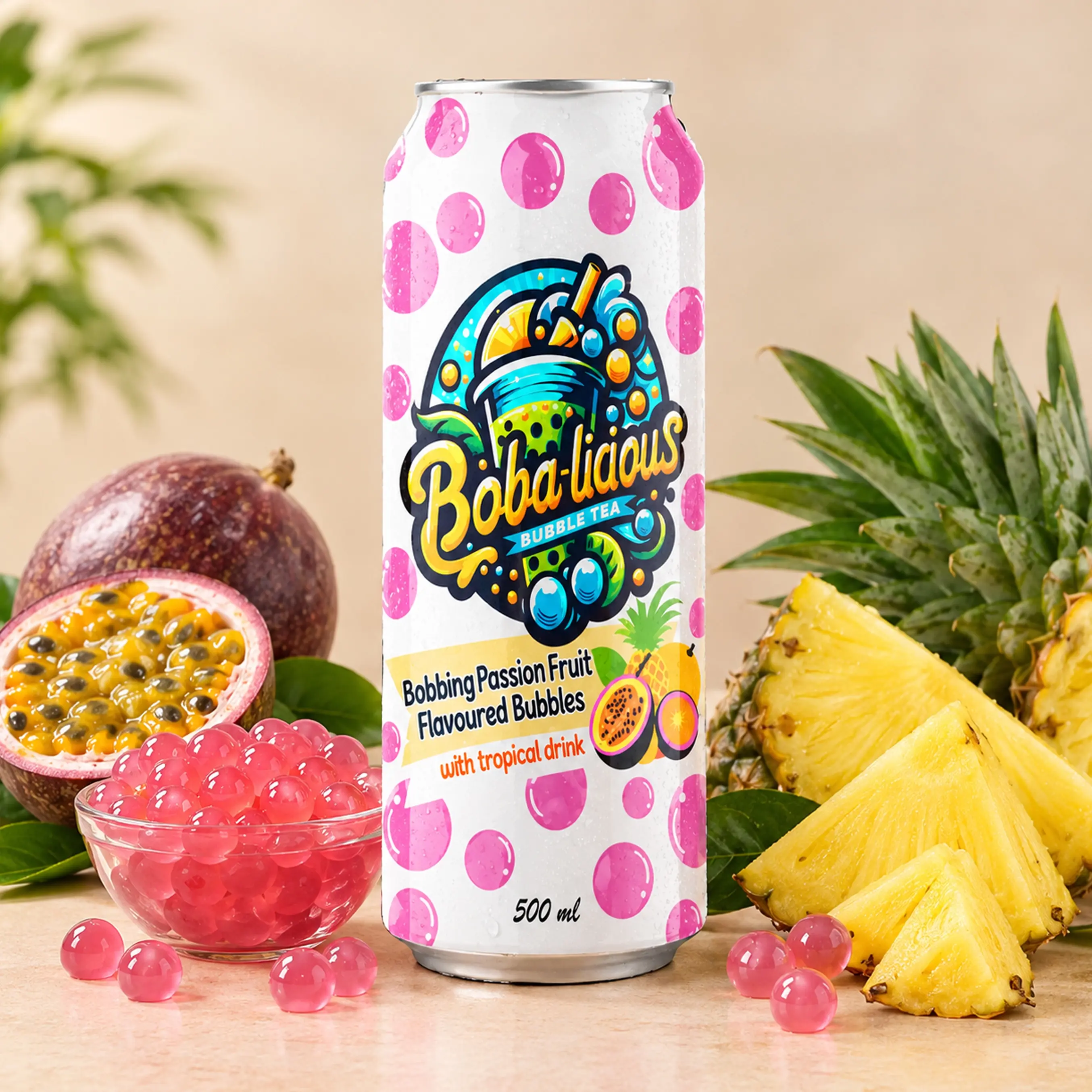 BUBBLE TEA Boba-licious Passion Fruit 500 ml can with passion fruit flavoured bubbles, tropical drink, passion fruit, pineapple and popping boba.